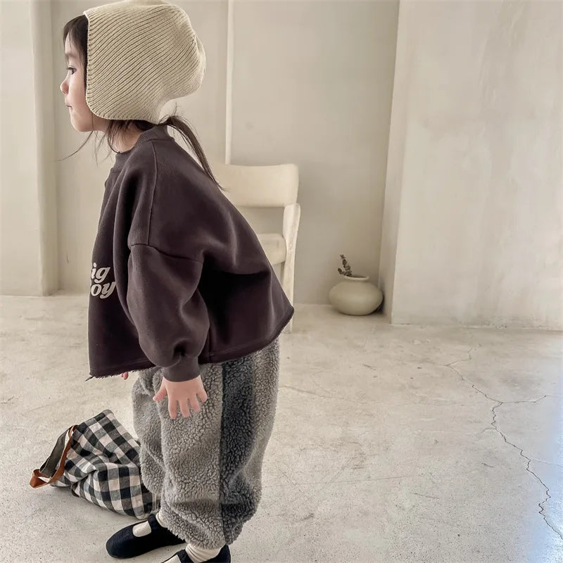 2025 Winter New Children Warm Trousers Baby Loose Lamb Fleece Pants Toddler Girls Casual Pants Solid Baby Boys Harem Pants