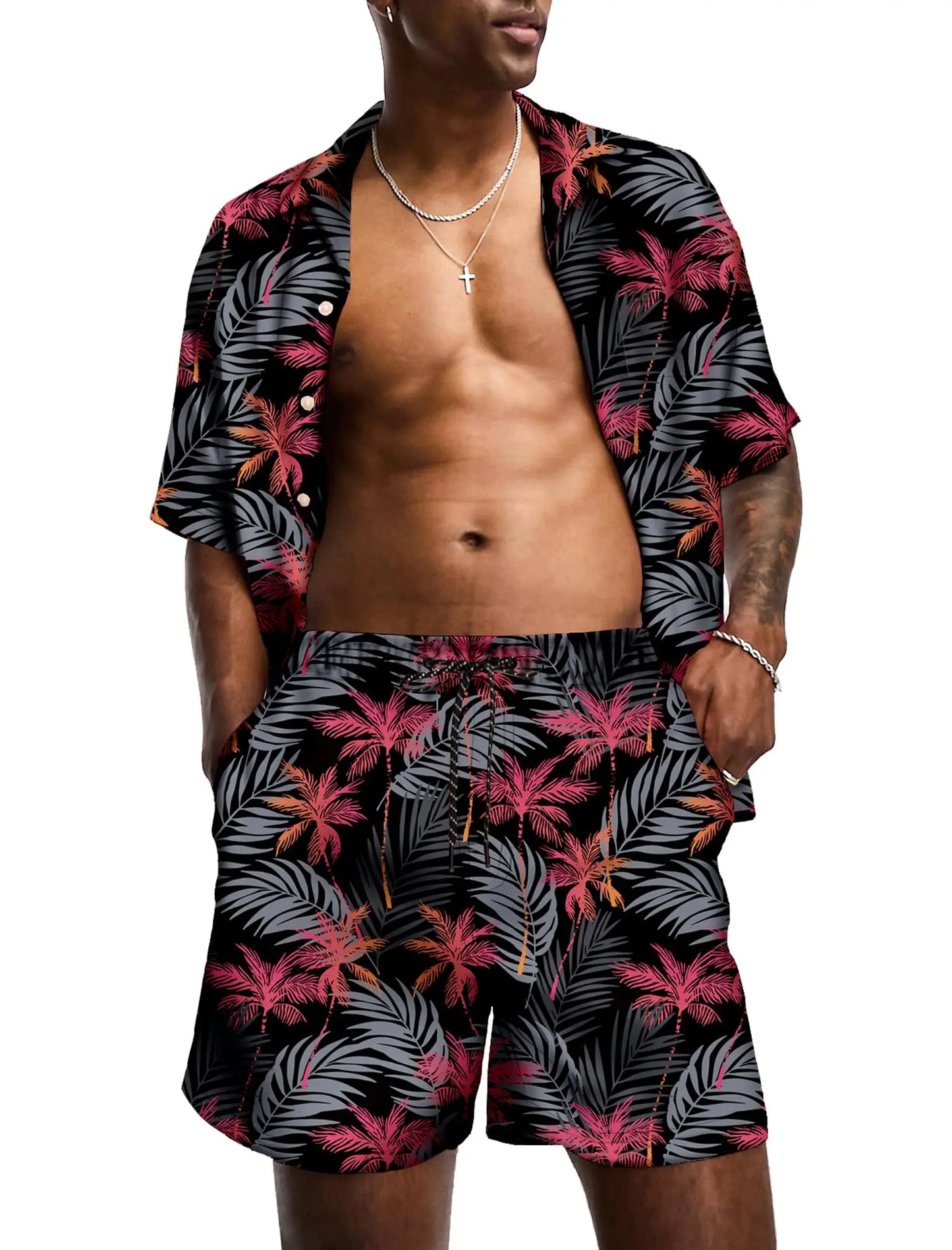 KYKU Mens Hawaiian Shirt and Short Set - Summer Short Sleeve Button Down Beach Shirts Tropical Vacation 2 Piece Outfits