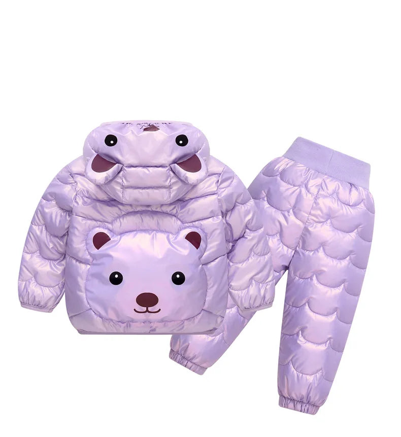 2023 New Children's Winter Set Boys and Girls' Down Coat Cartoon Bear Hooded Coat+Pants Baby Snow Thickened Warm Set 0-5Y