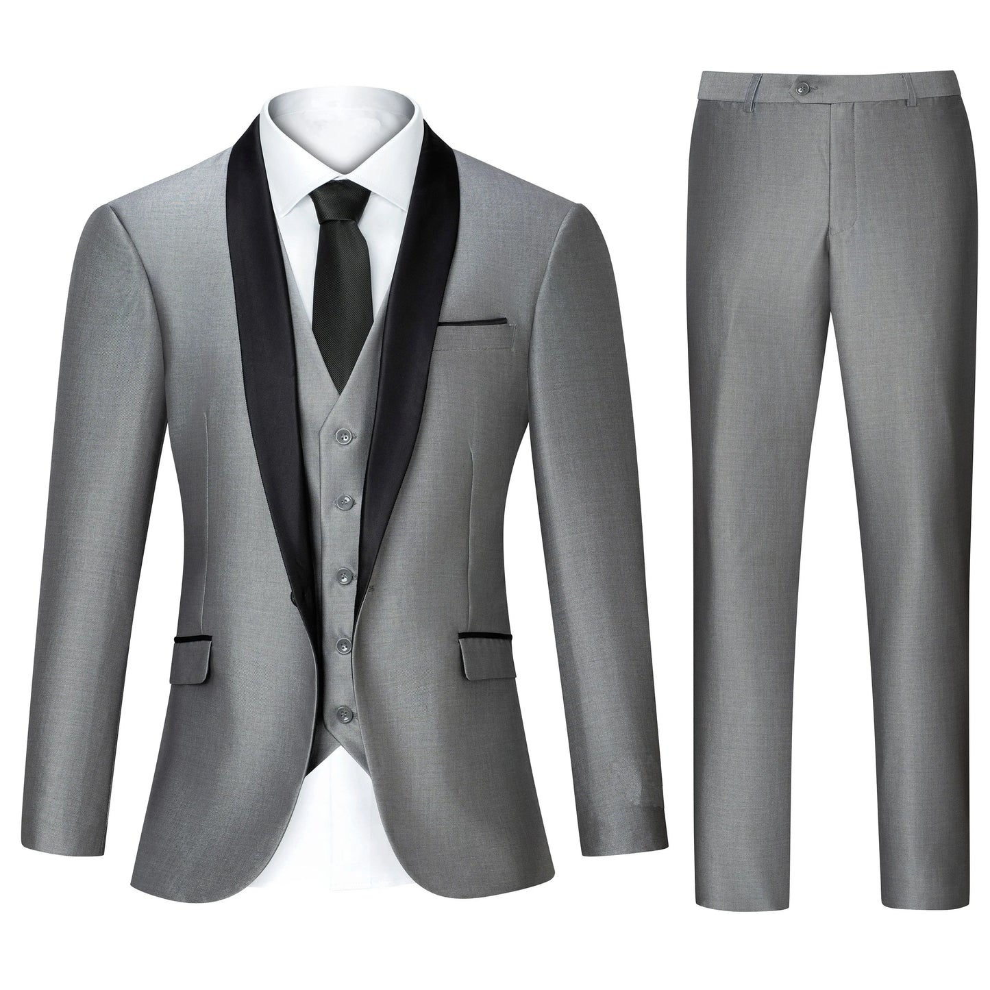 Men's White 3pcs Suit Set with Black Shawl Lapel, Single Button Formal Blazer, Vest & Trousers for Prom Wedding Dinner Busines