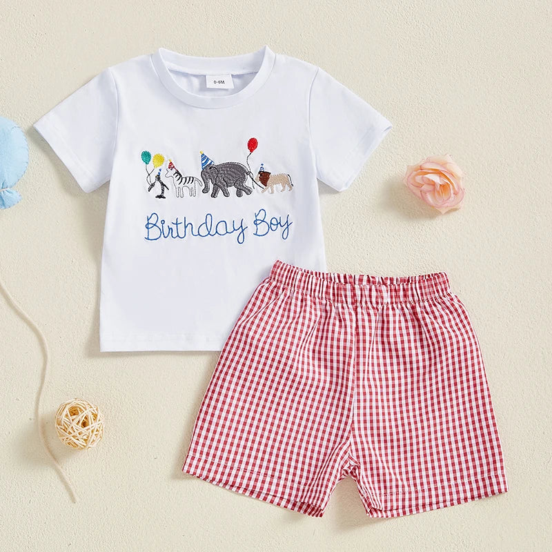 Baby Boy Birthday Outfit Set with Cute Animal Print Top and Stylish Plaid Shorts - Toddler 2 Piece Clothing Set