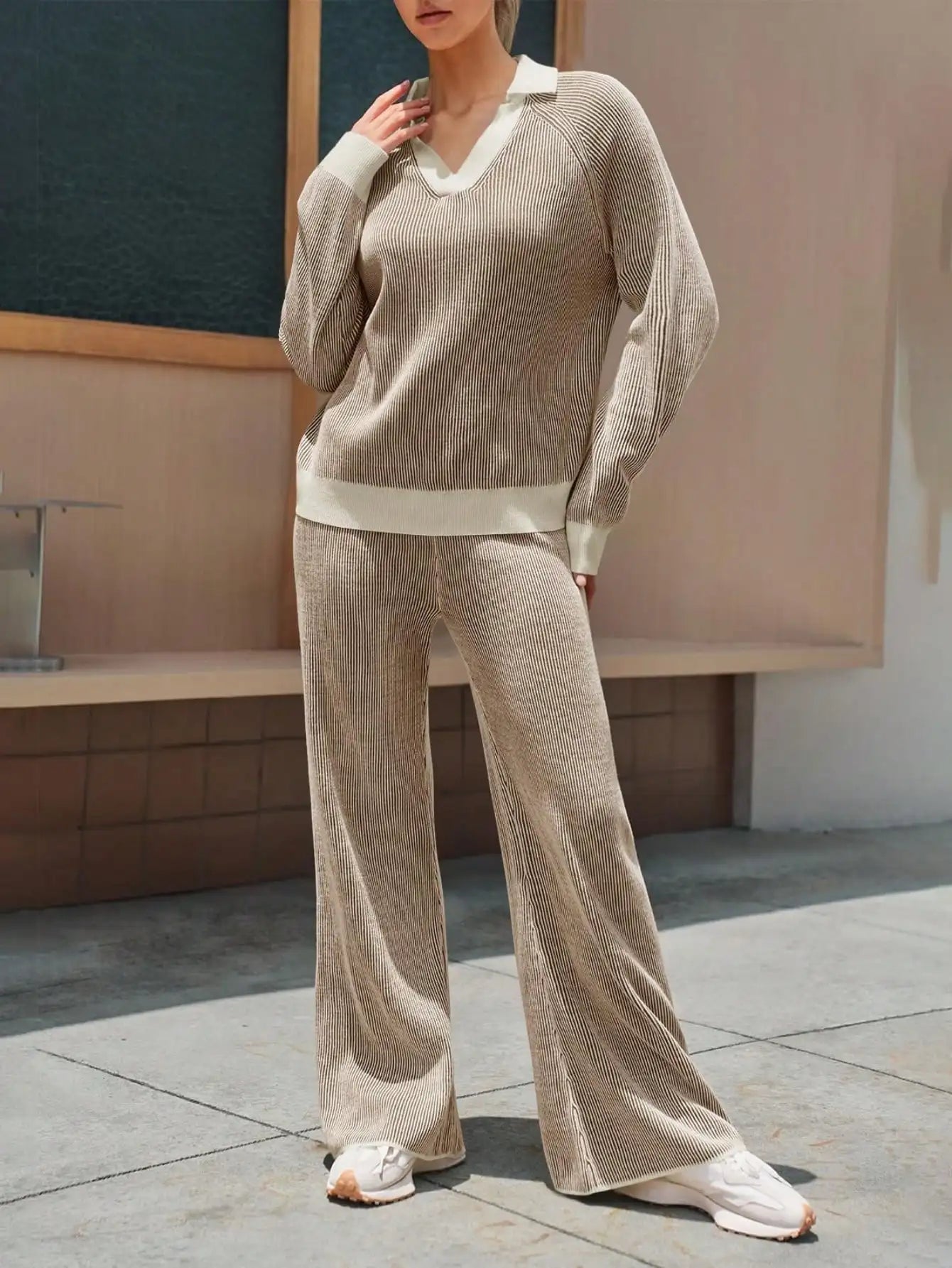 Fisoew Striped Knit Sweater 2 Piece Set | Fall Winter Oversized Loungewear Matching Outfit | Cozy Street Style Casual Tracksuit