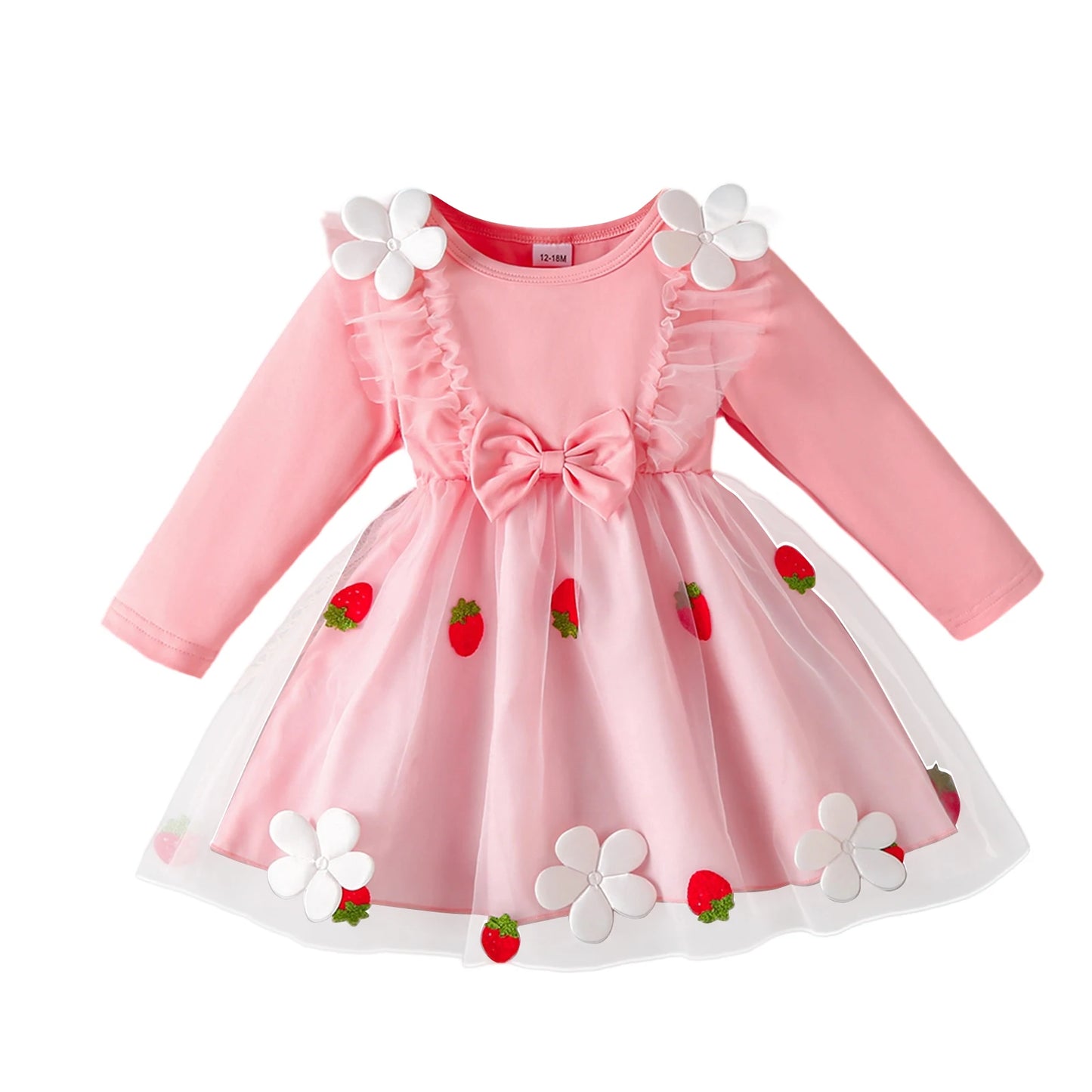 Infant Girls Long Sleeve Crew Neck Dress with Strawberry Embroidery Floral Bow Detail and Tutu Skirt