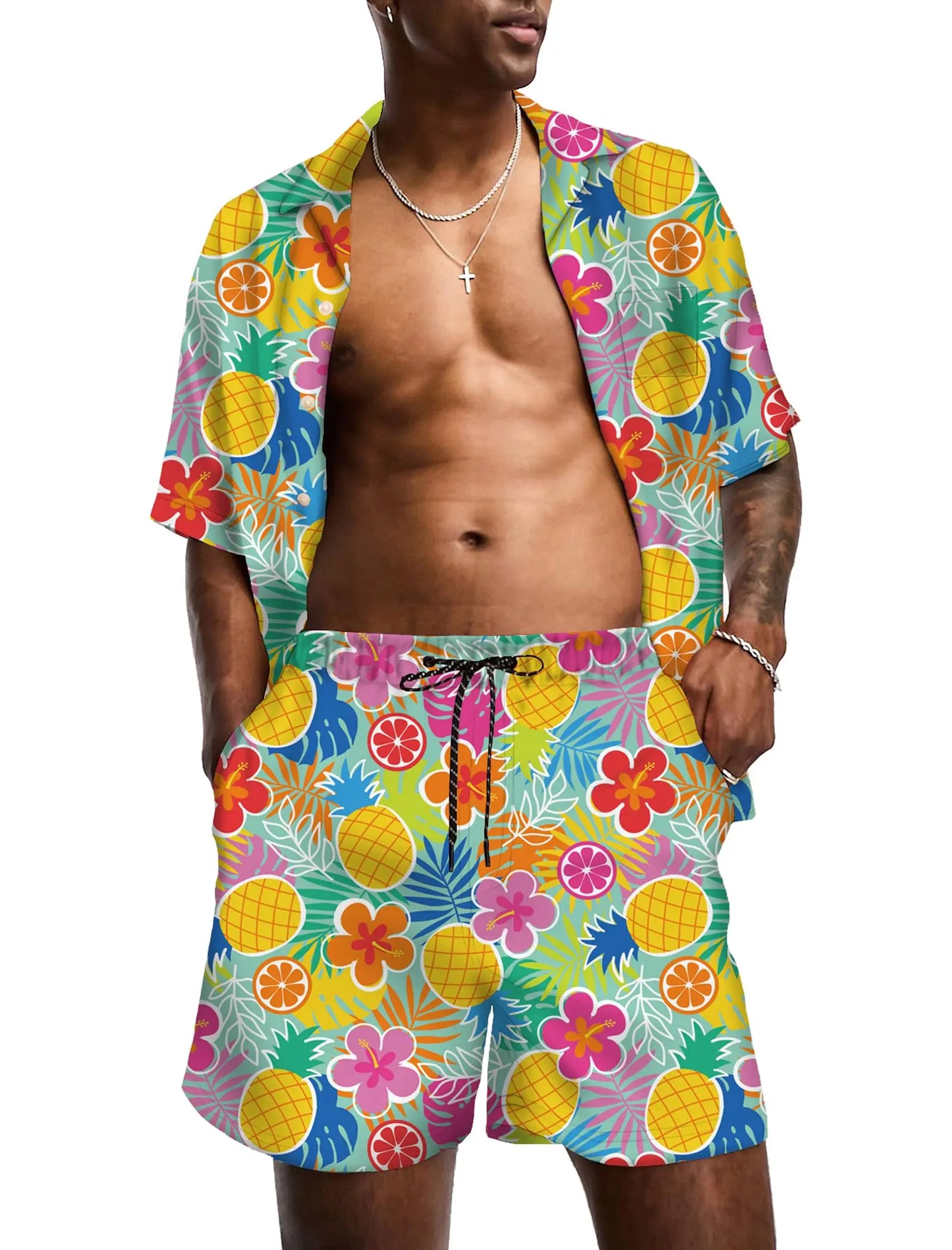 KYKU Mens Hawaiian Shirt and Short Set - Summer Short Sleeve Button Down Beach Shirts Tropical Vacation 2 Piece Outfits