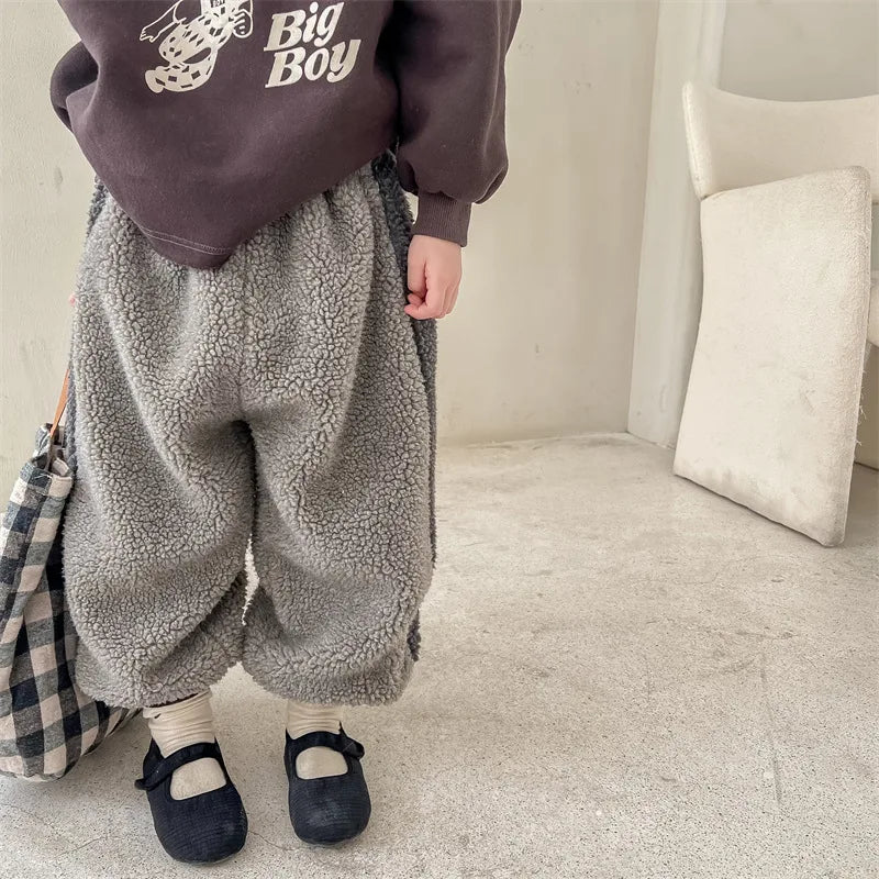 2025 Winter New Children Warm Trousers Baby Loose Lamb Fleece Pants Toddler Girls Casual Pants Solid Baby Boys Harem Pants
