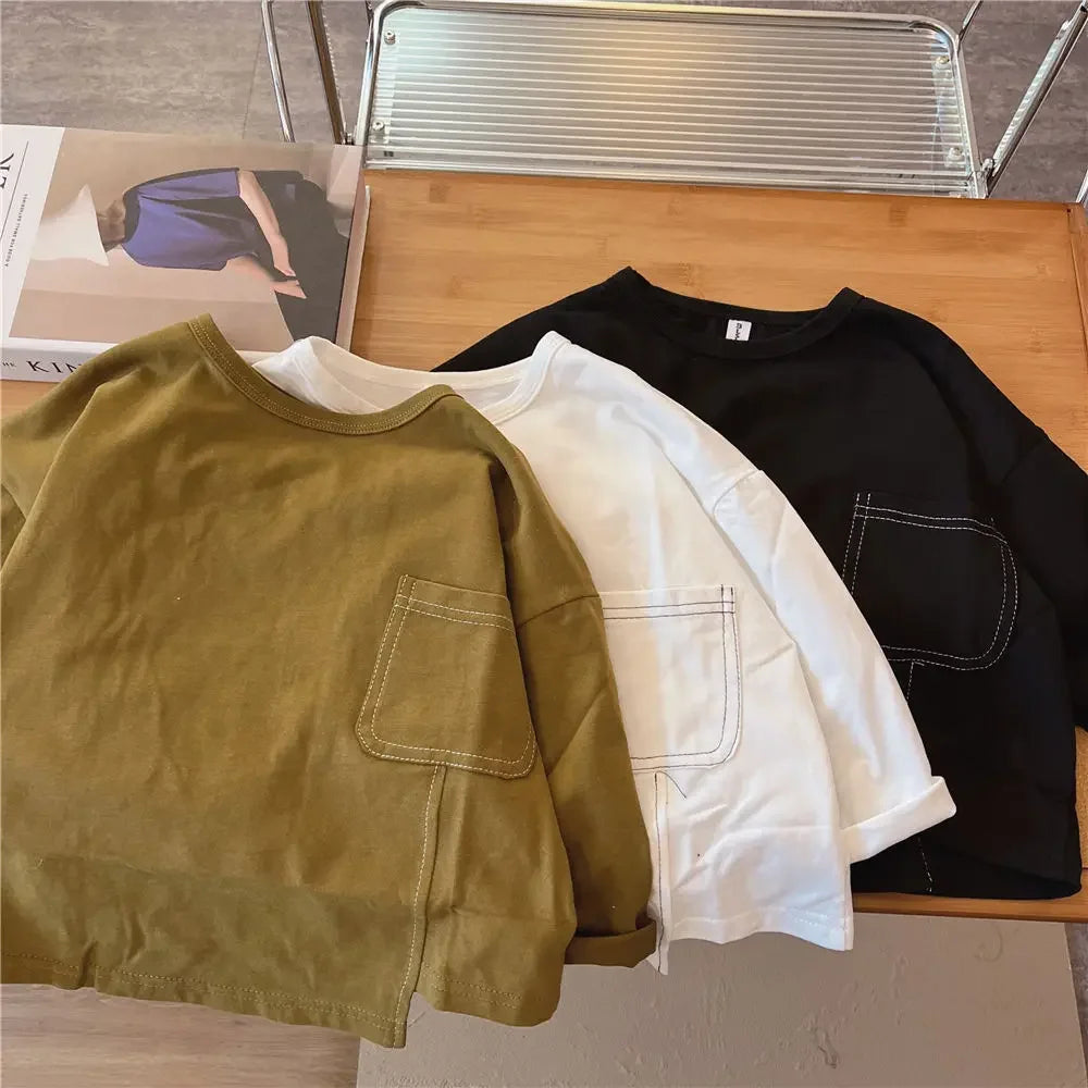 Autumn Boys Long-sleeved T-shirt Spring and Autumn 2023 New Children's Solid Color Irregular Bottoming Shirt Baby Inner Tops