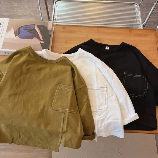 Autumn Boys Long-sleeved T-shirt Spring and Autumn 2023 New Children's Solid Color Irregular Bottoming Shirt Baby Inner Tops