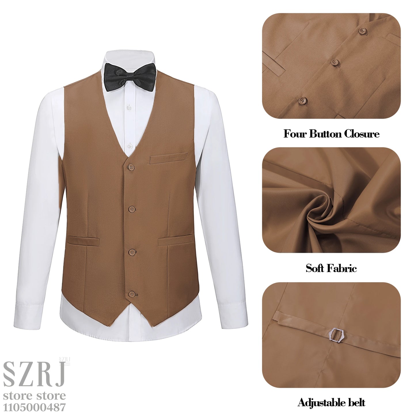 Men's 4-Piece Suit: Jacket+Vest+Pants+golden Tie. V-Neck, Gentleman Style, Premium, Tailored. For Business, Parties, Weddings.