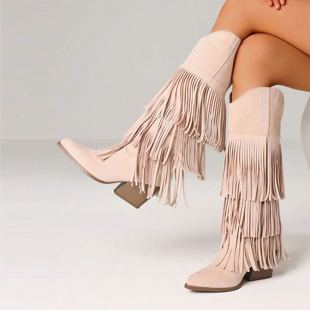 Women's Retro Fringe Knee High Cowboy Boots Fashion Pointed Toe Block Chunky High Heels Pull On Vintage Western Cowgirl Boots