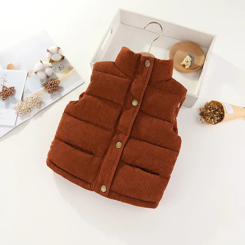 Autumn Winter Boys Girls Cotton Vest Jacket Solid Thick Corduroy Waistcoat For 2-10 Years Kids Birthday Present Child Outwear