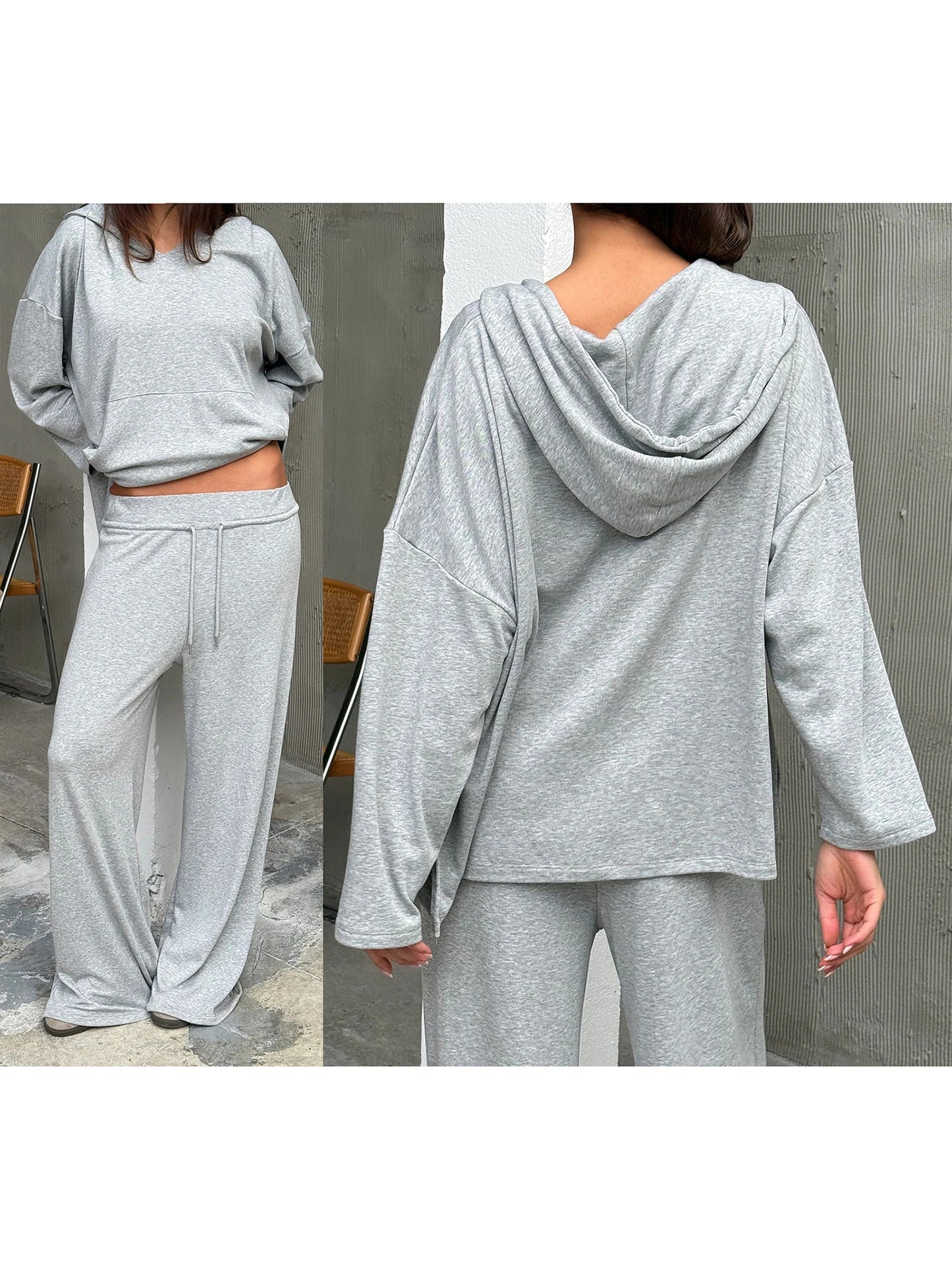 Women s Two-Piece Outfit Long Sleeve Hoodie and Pants Set in Solid Color with Convenient Pockets for Activewear