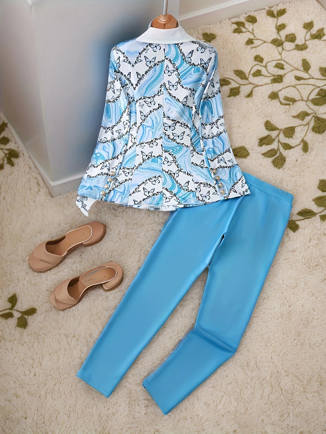 Ladies' elegant two-piece set, butterfly print long sleeved lapel double breasted suit jacket and solid color leggings clothing