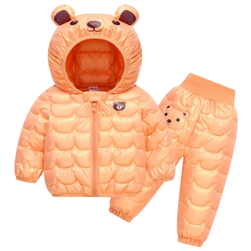 2023 New Children's Winter Set Boys and Girls' Down Coat Cartoon Bear Hooded Coat+Pants Baby Snow Thickened Warm Set 0-5Y