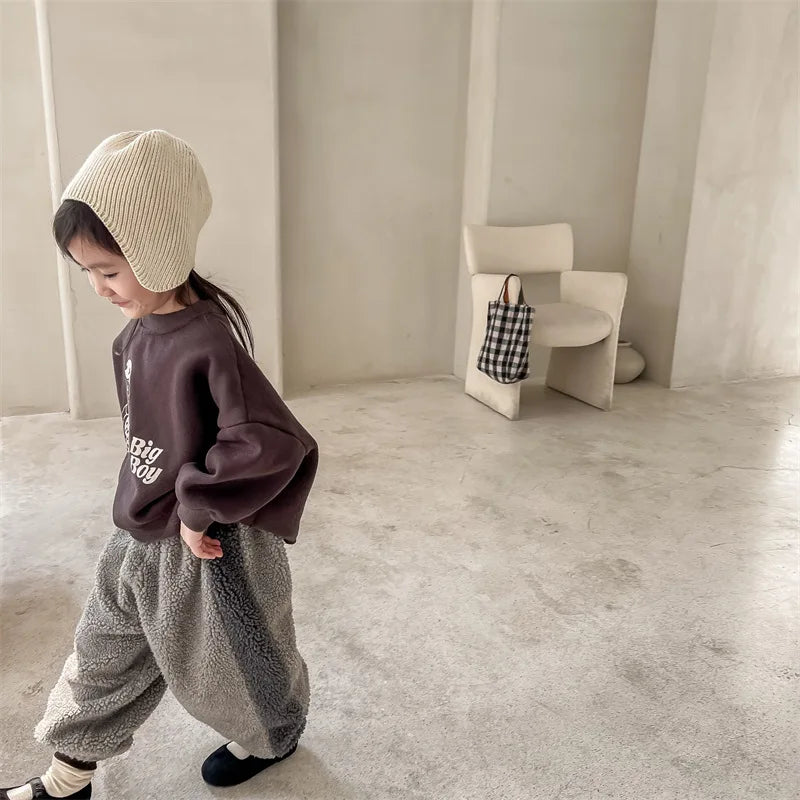 2025 Winter New Children Warm Trousers Baby Loose Lamb Fleece Pants Toddler Girls Casual Pants Solid Baby Boys Harem Pants