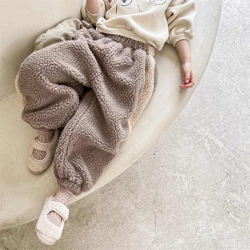 2025 Winter New Children Warm Trousers Baby Loose Lamb Fleece Pants Toddler Girls Casual Pants Solid Baby Boys Harem Pants