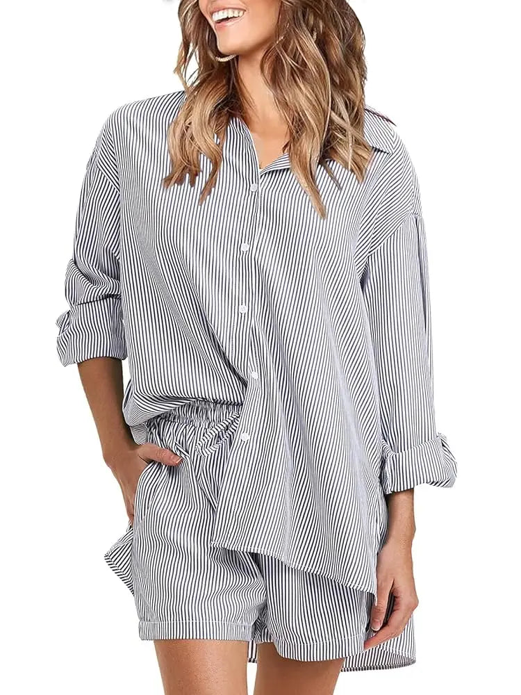 Women's Striped Long Sleeve Shirt Outfits 2 Piece Set Button Lapel Collar Blouse Top Drawsting Shorts Sets