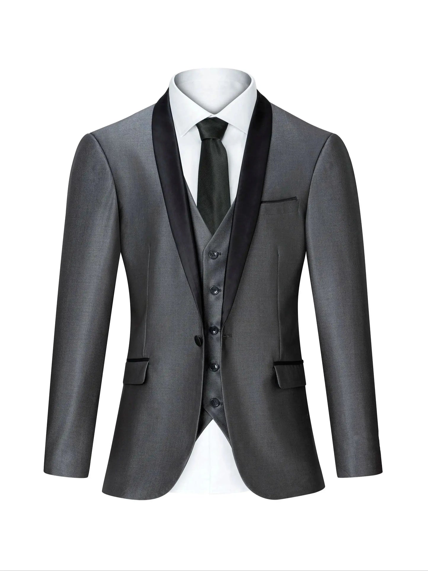 Men's White 3pcs Suit Set with Black Shawl Lapel, Single Button Formal Blazer, Vest & Trousers for Prom Wedding Dinner Busines