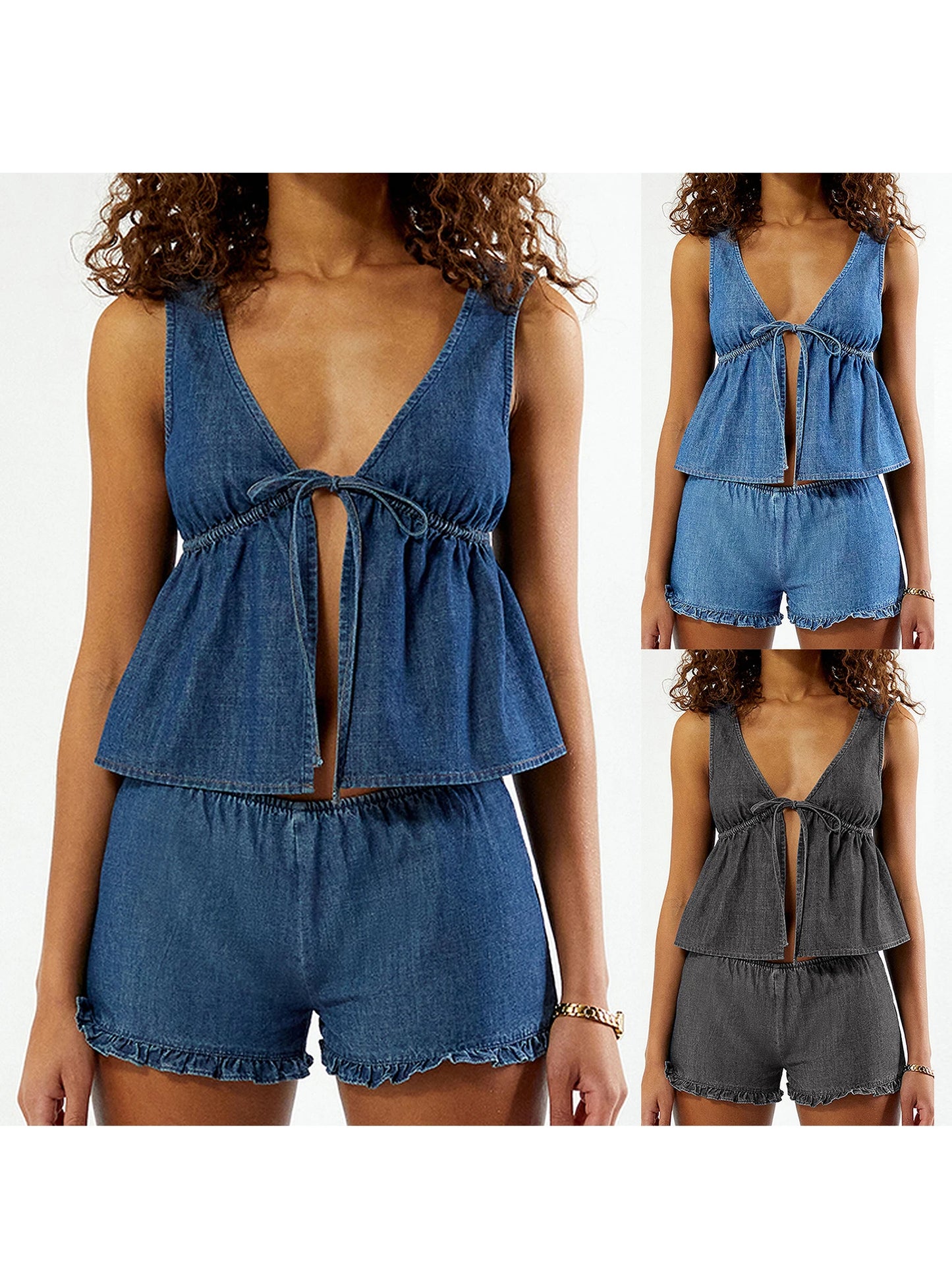 Women s Denim Ensemble Stylish Deep V Neck Tank Top with Tie Front Detail and Elastic Waist Ruffle Shorts - 2 Piece Set for