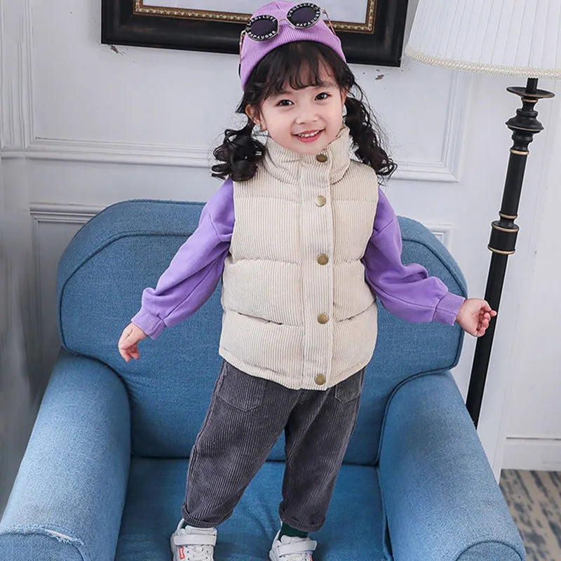 Autumn Winter Boys Girls Cotton Vest Jacket Solid Thick Corduroy Waistcoat For 2-10 Years Kids Birthday Present Child Outwear