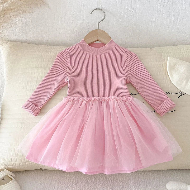 2025 New Autumn European American Style 1-6Yrs Baby Girl Party Dress Long Sleeved Knitted Mesh Splicing Kids Princess Dresses