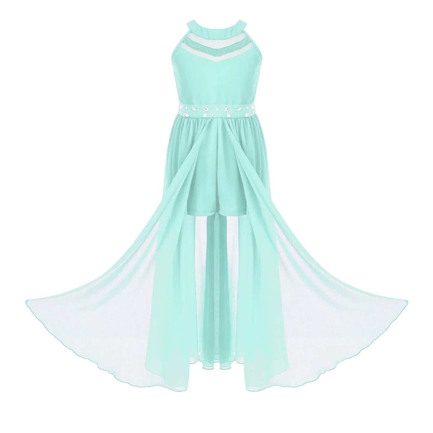 Children's Girls Maxi Romper Dress Sleeveless Floral Lace Rhinestone vestidos Kids Performance Dance Dress Girls Summer Dress