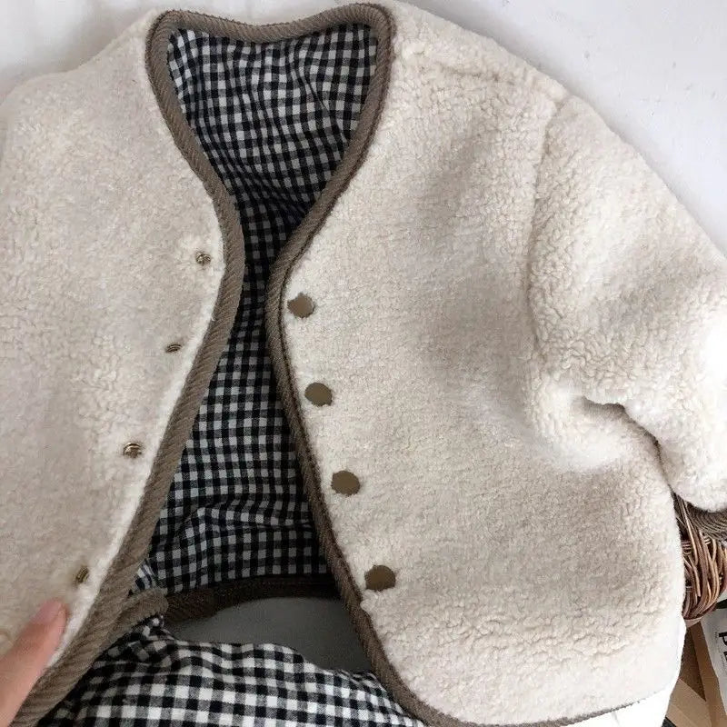 0-6 Years Children's Autumn Winter Warm Double-Side Wear Jacket Girls Fashion Plaid Plush Coat Boys Thicken Outerwear
