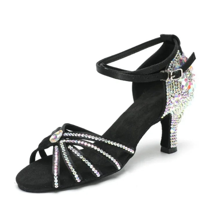 New Diamond Studded Satin High Heels Dance Shoes Fashion Black Brown Crystal Rhinestone Sparkling Latin Dance Performance Shoes