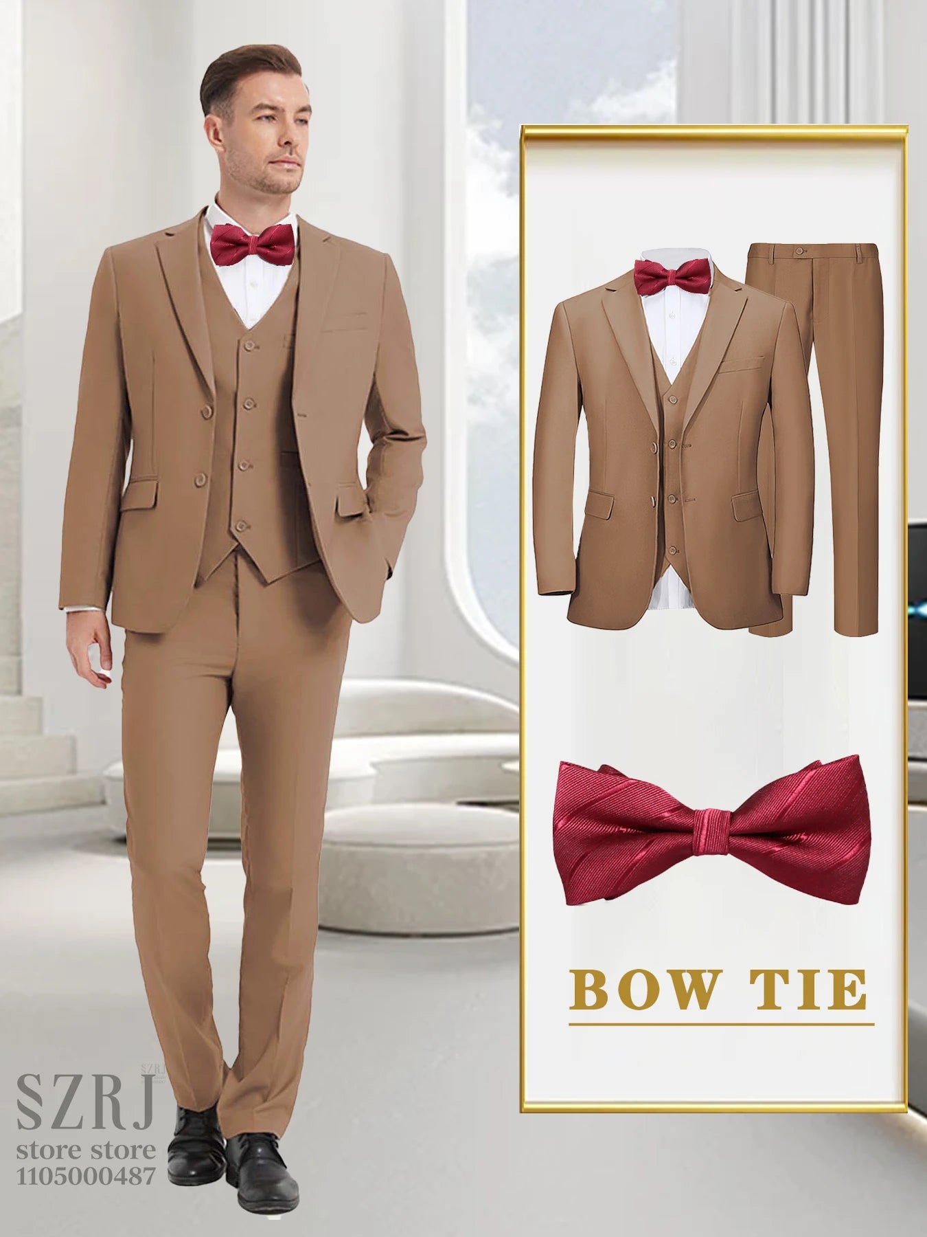 4-piece men's suit: jacket+vest+pants+red tie, comfortable fabric, exquisite cutting, suitable for weddings/business/banquets
