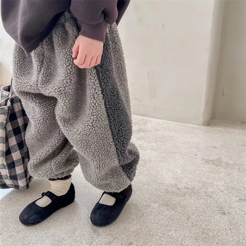 2025 Winter New Children Warm Trousers Baby Loose Lamb Fleece Pants Toddler Girls Casual Pants Solid Baby Boys Harem Pants