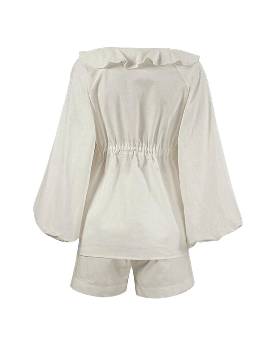 Women 2 Piece Outfits Ruffle Loose Tie Front Long Sleeve Shirt and Casual Elastic Shorts Club Streetwear Summer Clothes