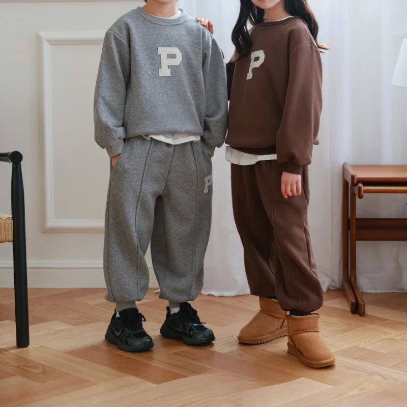 2025 Winter New Boys Girls Letter Sportswear Set Children Fleece Sweatshirt + Sweat Pants 2 Pcs Suit Kids Baby Warm Tracksuit
