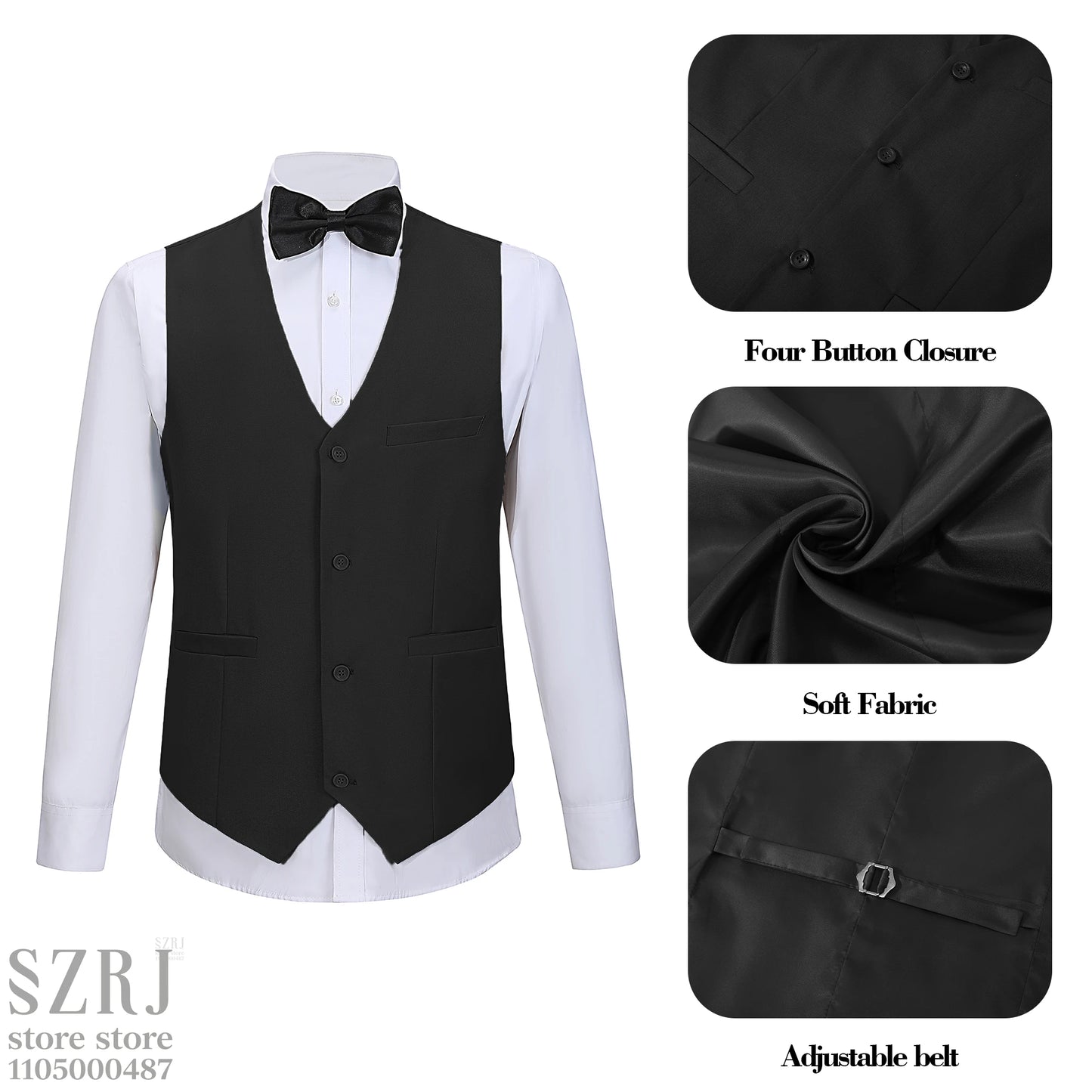 Men's 4-Piece Suit: Jacket+Vest+Pants+Black Tie. V-Neck, Gentleman Style, Premium, Tailored. For Business, Parties, Weddings.