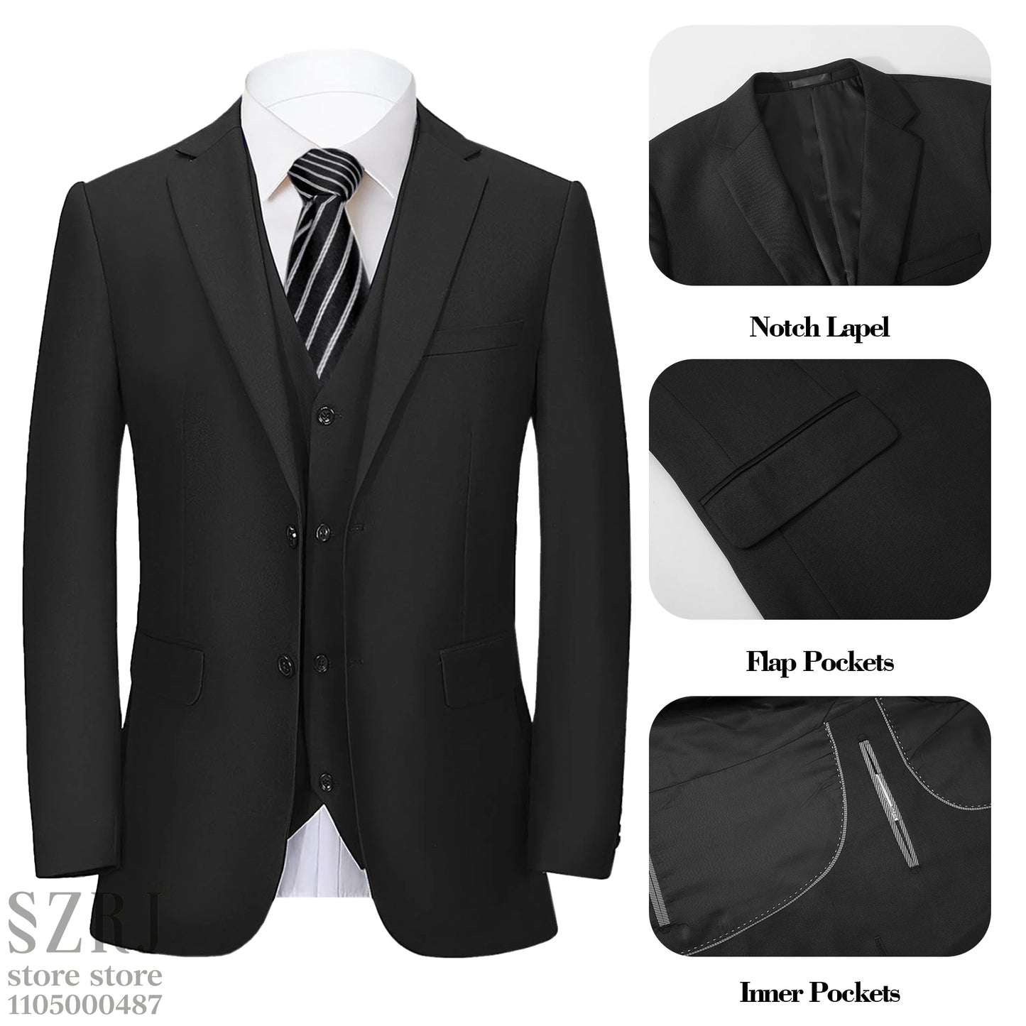 Men's 4-Piece Suit: Jacket+Vest+Pants+golden Tie. V-Neck, Gentleman Style, Premium, Tailored. For Business, Parties, Weddings.