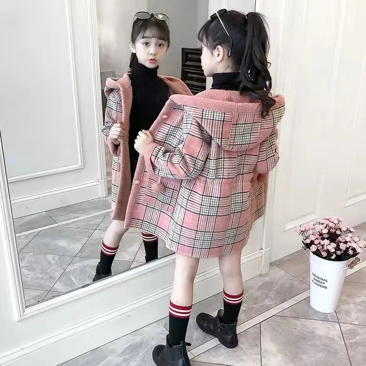 Fashion Girls clothing Jackets Autumn Winter parka Clothes Medium Long coat windbreaker Plaid Thicken Lamb Children Woolen Coats
