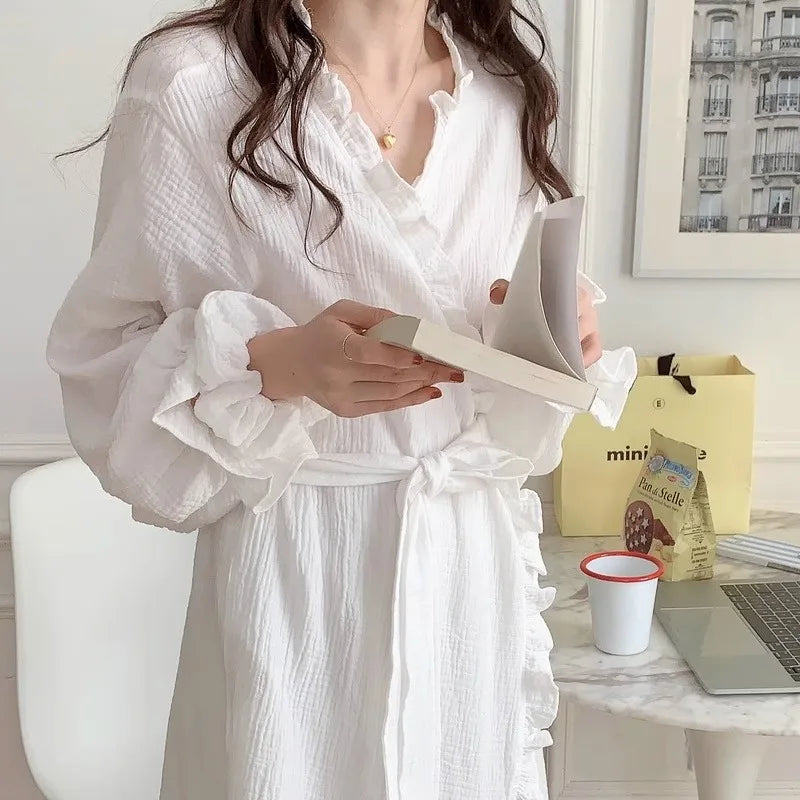 Women's Spring and Summer New Simple Long-Sleeved Robe Girls Sweet Ins Wind Ruffled Thin Section of Solid Color Pajamas Home Wea