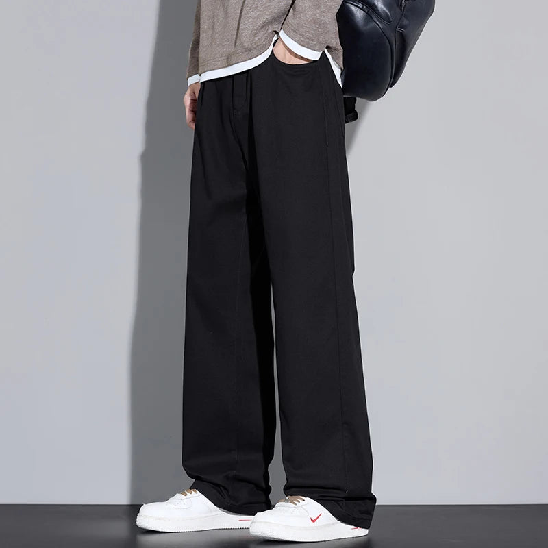 100% Cotton Men's Baggy Wide-leg Pants Soft Breathable Loose Straight Casual Trousers Spring Autumn Fashion Korean Streetwear