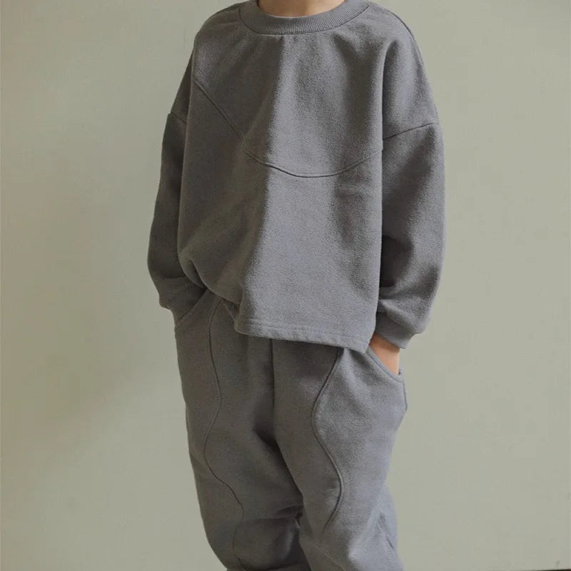 2025 Winter New Children Plus Velvet Thick Clothes Set Solid Boys Girls Fleece Sweatshirt + Pants 2pcs Suit Kids Warm Outfits