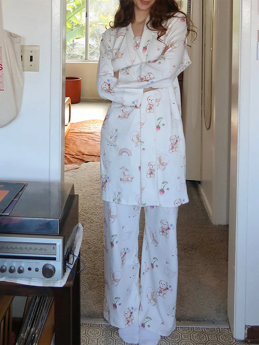 Women’s 2 Piece Weekend Pajama Set Long Sleeve Fruit Cartoon Print Robe Pants Set Loungewear