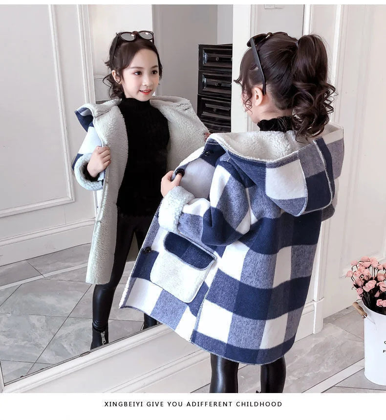 Fashion Girls clothing Jackets Autumn Winter parka Clothes Medium Long coat windbreaker Plaid Thicken Lamb Children Woolen Coats