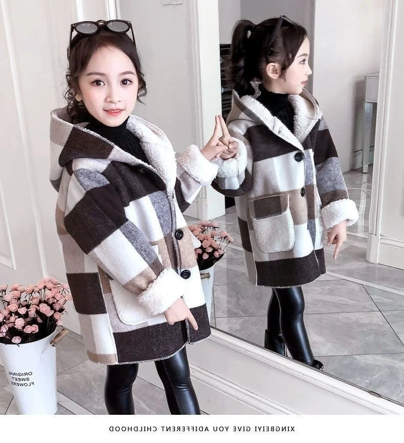 Fashion Girls clothing Jackets Autumn Winter parka Clothes Medium Long coat windbreaker Plaid Thicken Lamb Children Woolen Coats