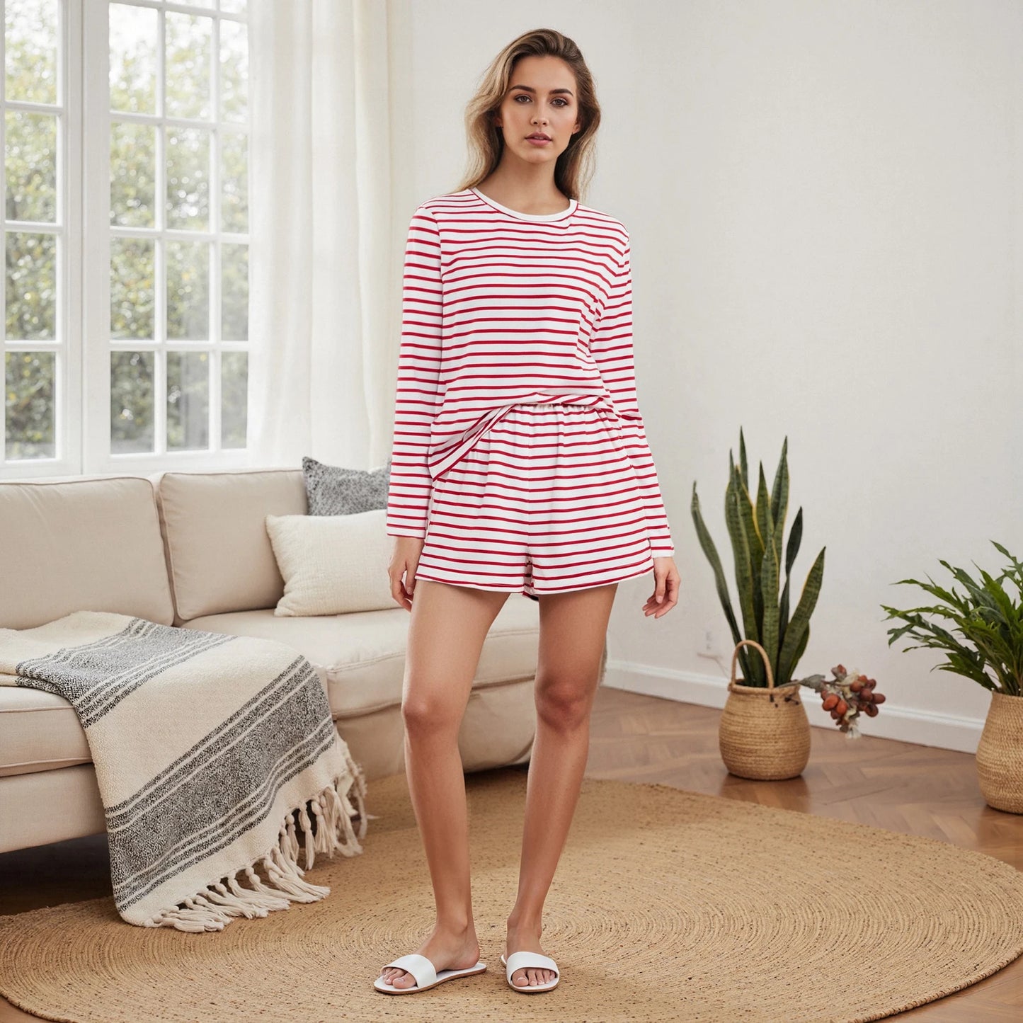 Women s Summer Fashion Stylish Striped Long Sleeve Crew Neck Top and Shorts Set for a Casual and Loose Fit Outfit