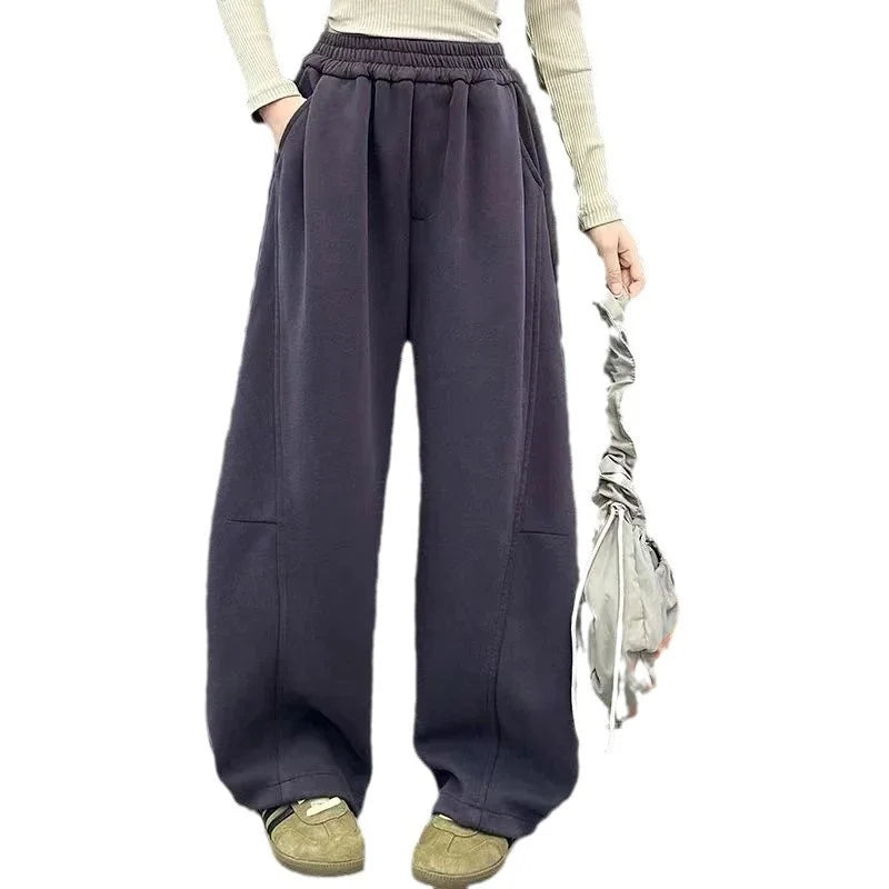 Girls Warm Wide Leg Pants Winter Kids Thick Fleece Lined Trousers Autumn Fashionable Drawstring Sweatpants Children Casual Pants