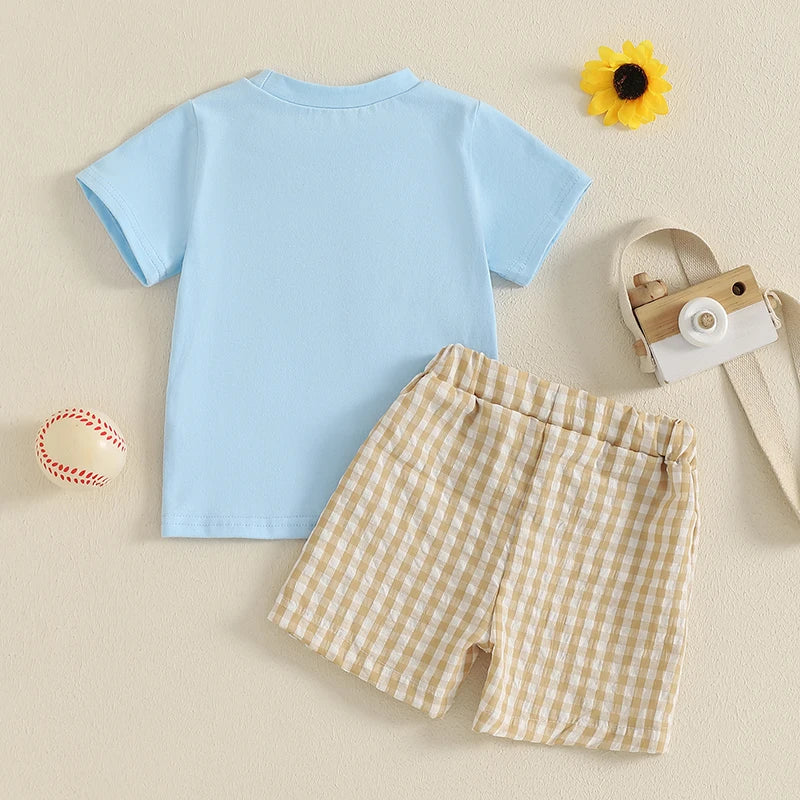 Boys 2-Piece Outfit Set with Embroidered Baseball Tee and Plaid Shorts Elastic Waistband Short Sleeve Top