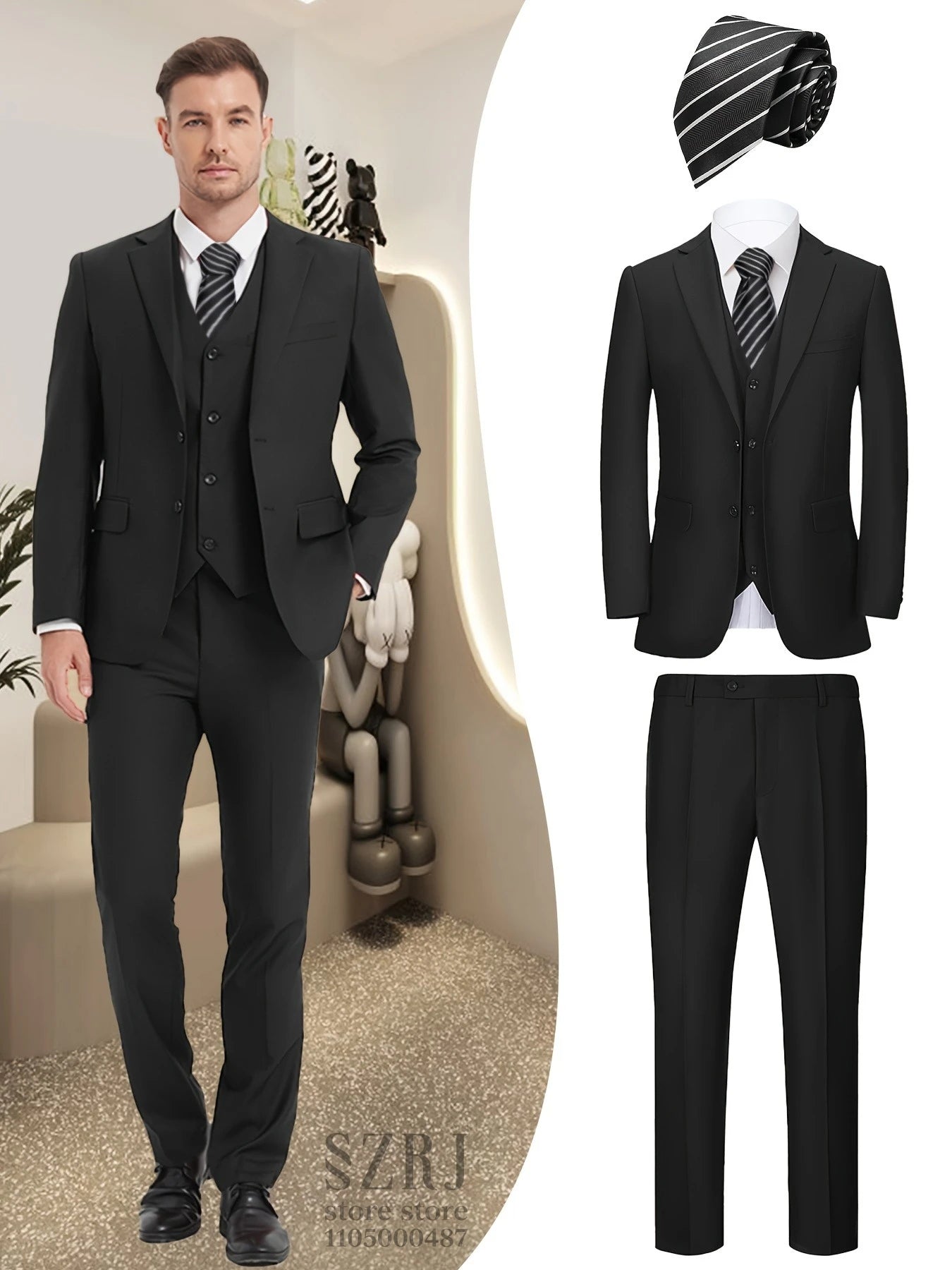 Men's 4-Piece Suit: Jacket+Vest+Pants+Black Tie. V-Neck, Gentleman Style, Premium, Tailored. For Business, Parties, Weddings.