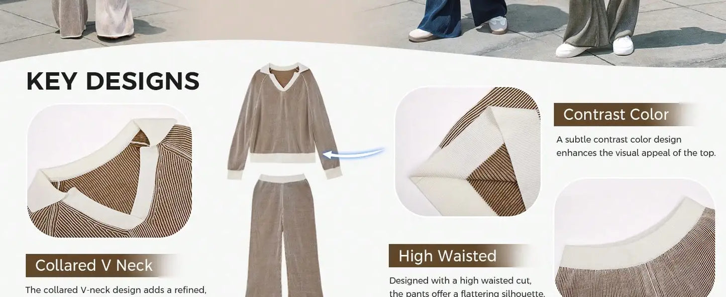 Fisoew Striped Knit Sweater 2 Piece Set | Fall Winter Oversized Loungewear Matching Outfit | Cozy Street Style Casual Tracksuit