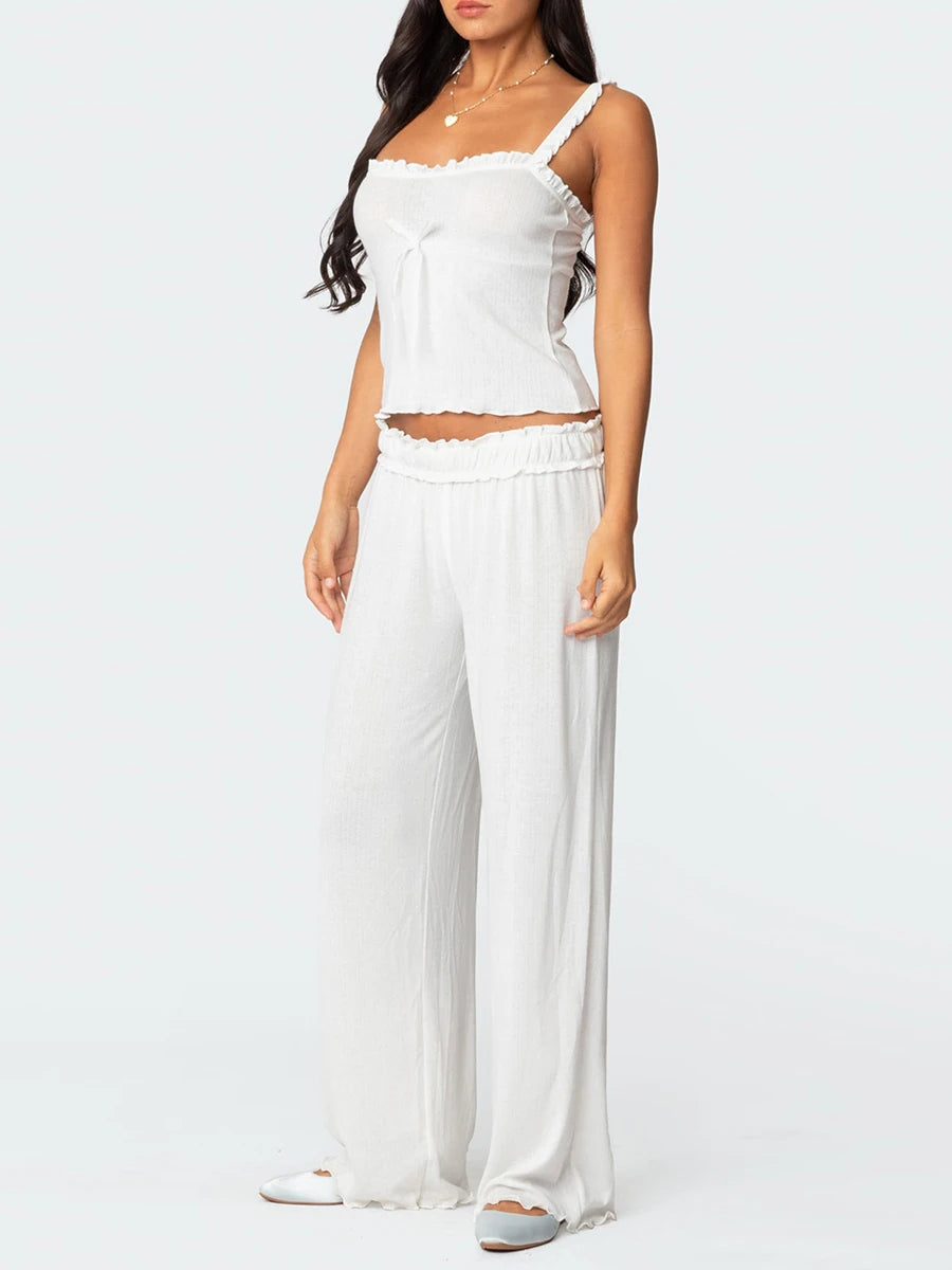 Women s 2-Piece Pajama Set with Lace Trim Square Neck Cami Top and Long Pants Cute Bow Detail Lounge Outfit