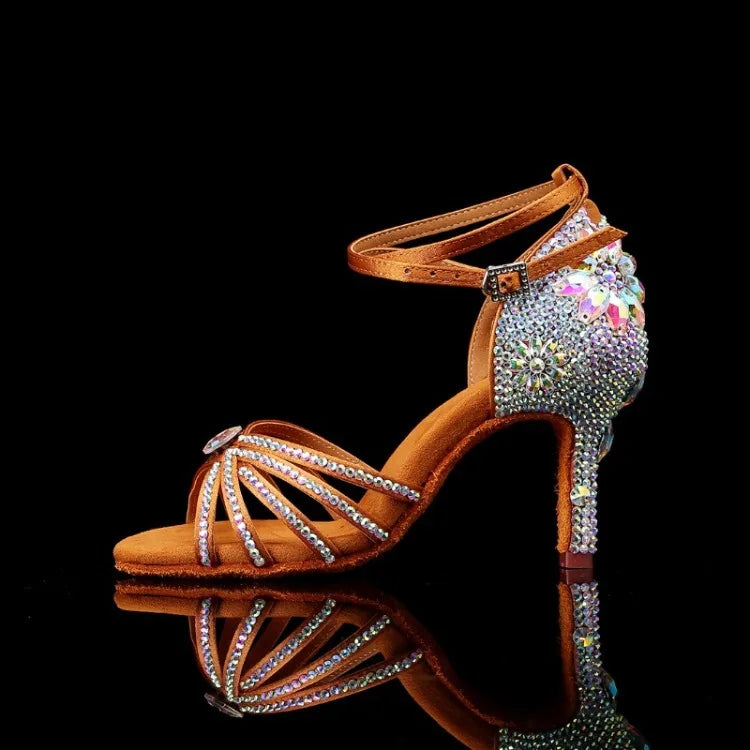 New Diamond Studded Satin High Heels Dance Shoes Fashion Black Brown Crystal Rhinestone Sparkling Latin Dance Performance Shoes