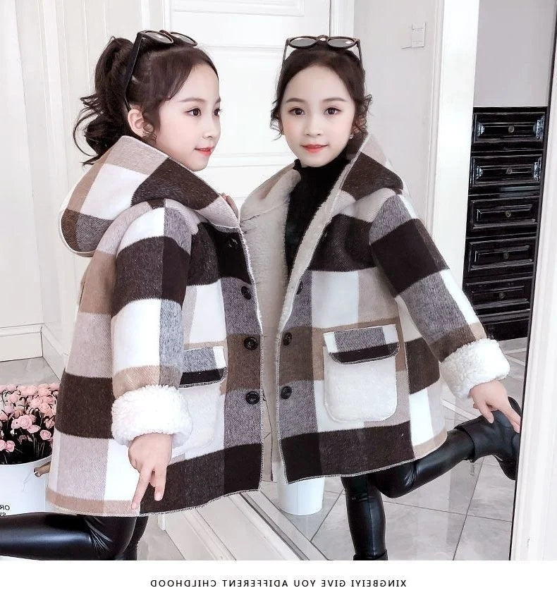 Fashion Girls clothing Jackets Autumn Winter parka Clothes Medium Long coat windbreaker Plaid Thicken Lamb Children Woolen Coats