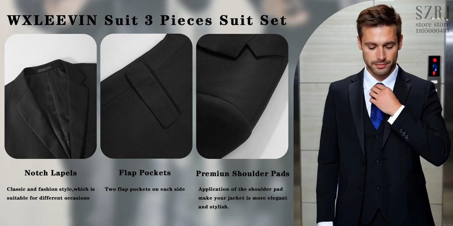 Men's 4-Piece Suit: Jacket+Vest+Pants+golden Tie. V-Neck, Gentleman Style, Premium, Tailored. For Business, Parties, Weddings.