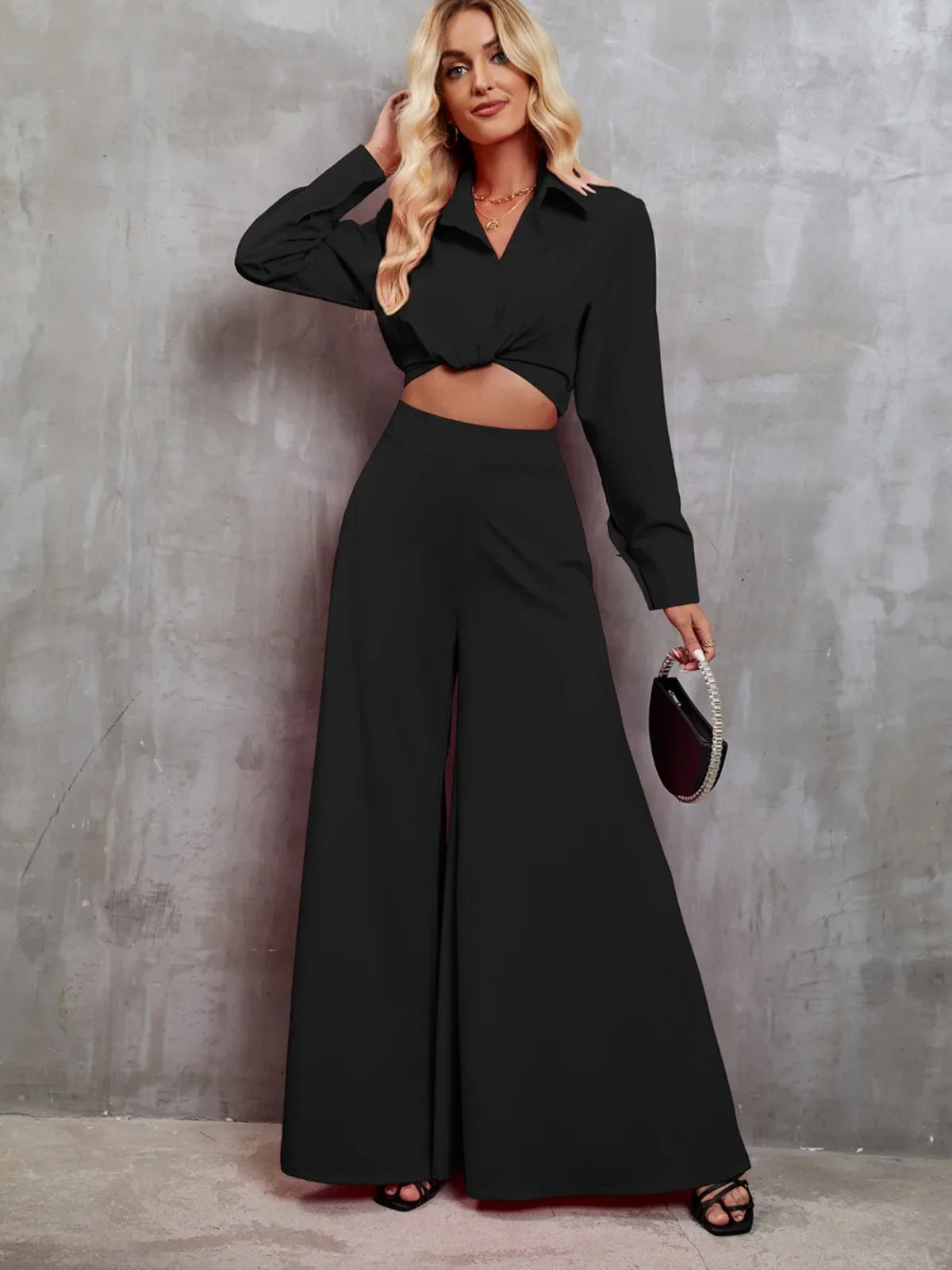 2024 New Women Set Solid Color Long Wide Leg Pants Women's Two-piece Set Fashion Casual Long Sleeves Shirt Jacket Suit Autumn
